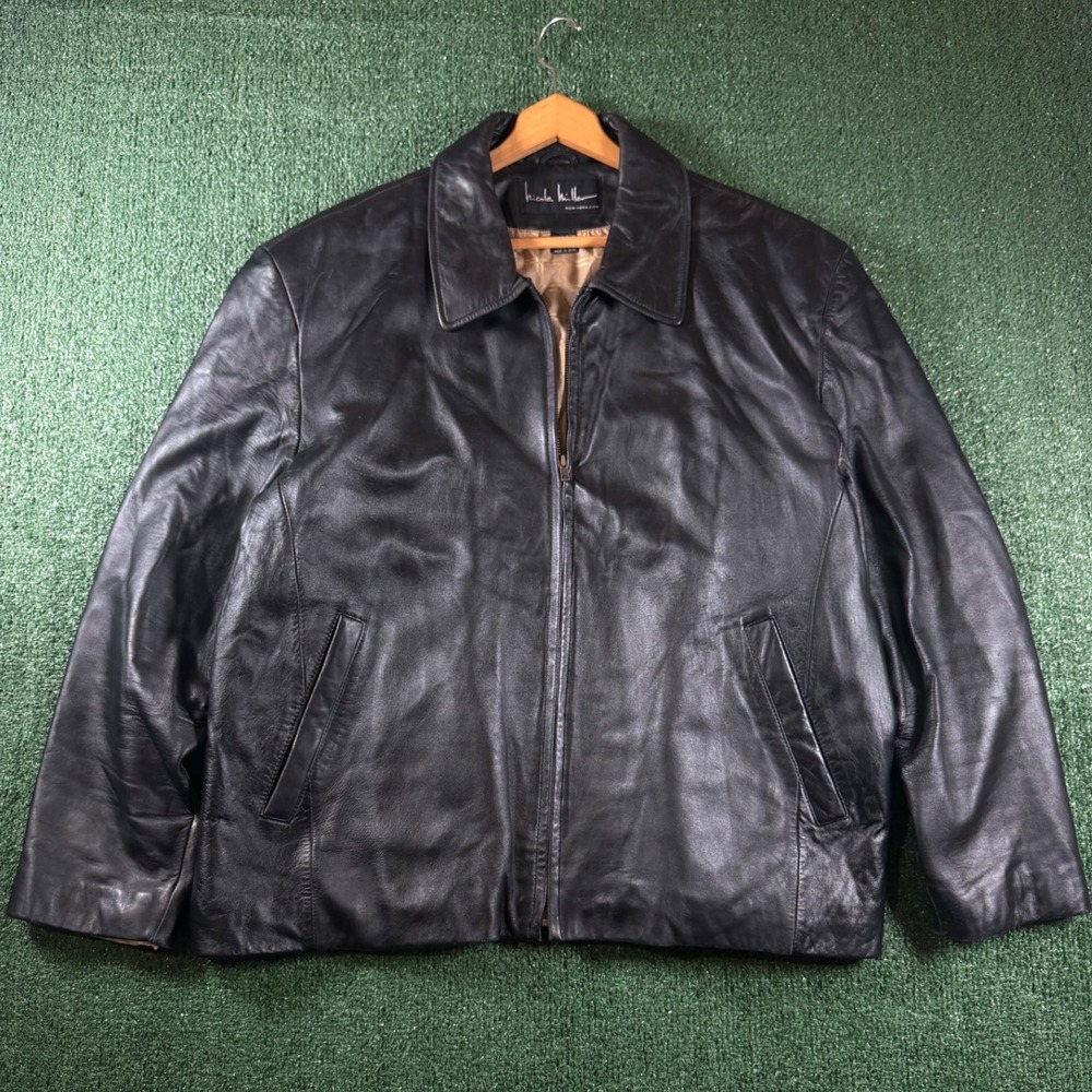 VTG Nicole Miller Leather Jacket Mens XL Black Good Quilted Lined Zip Up Bomber